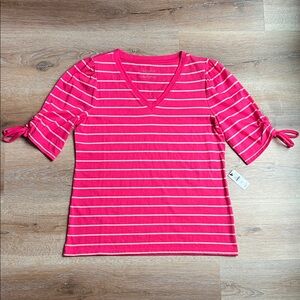 Talbots Hot Pink & White Striped V-Neck Tie-Sleeve Top NWT Size MP